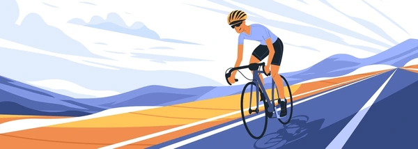 Abstract illustration of cyclists gathering in a circle with soft blue background